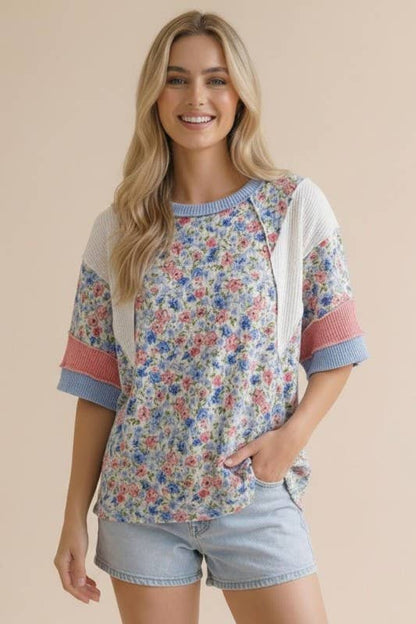 Short Sleeve Color Block Floral Knit Top