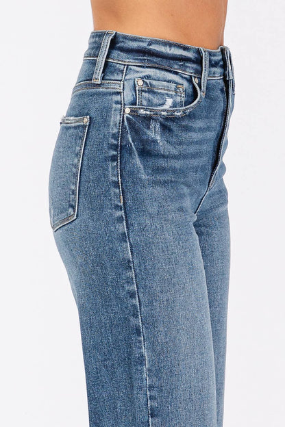High Rise Stretch Relaxed Straight Jean With Cuffed Hem