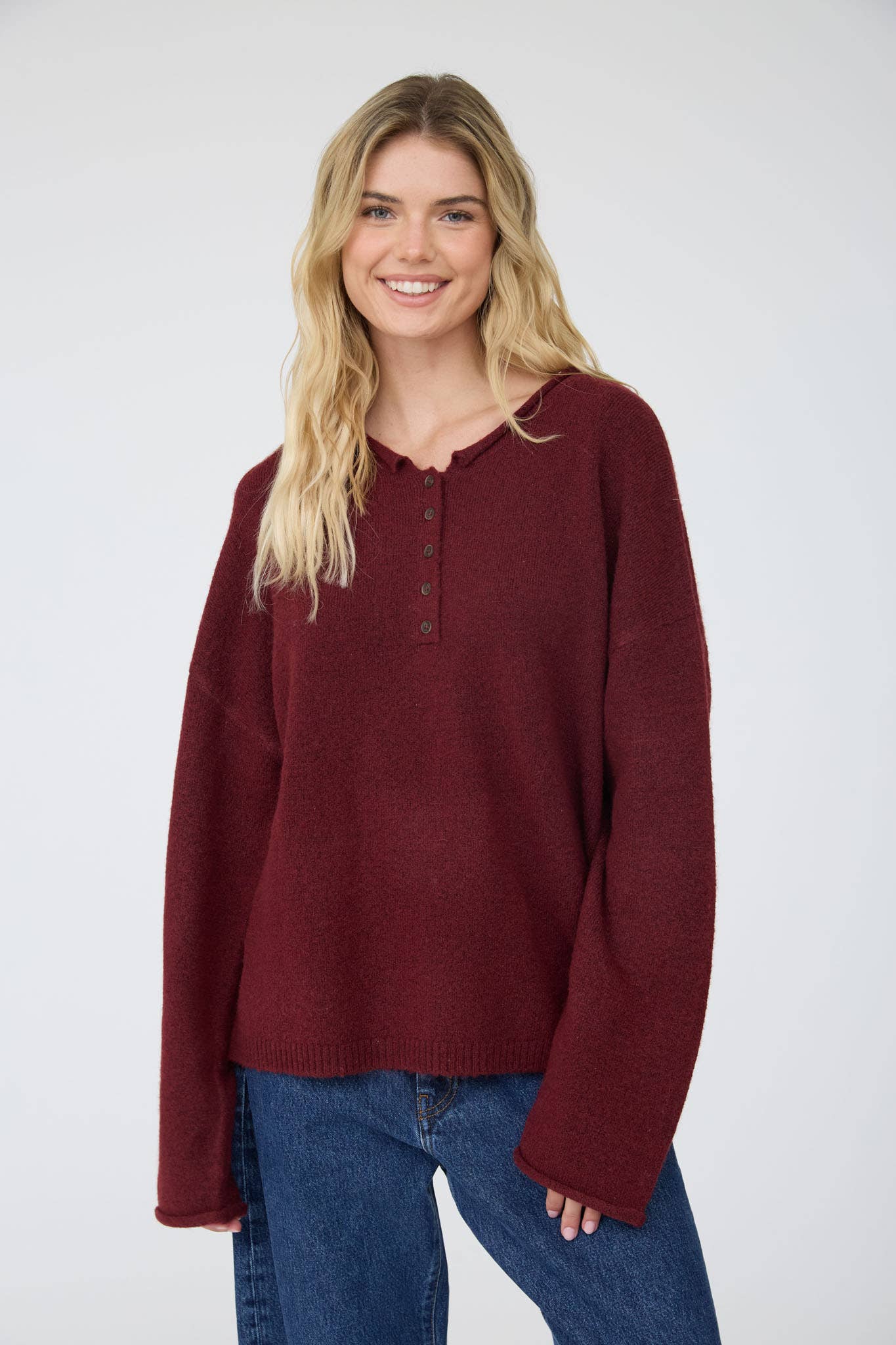 Raw Rolled Edge Henley Relaxed Pullover Sweater