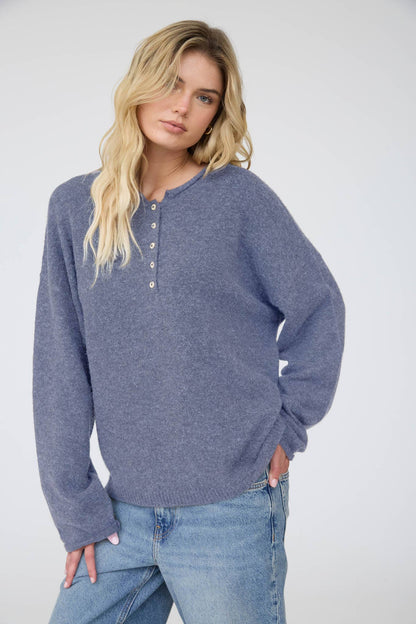 Raw Rolled Edge Henley Relaxed Pullover Sweater