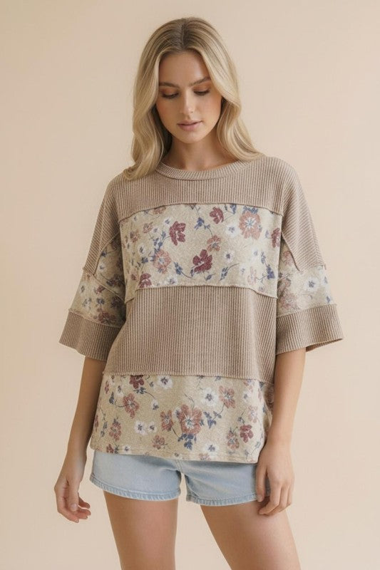 Taupe/Oatmeal Floral Ribbed Top