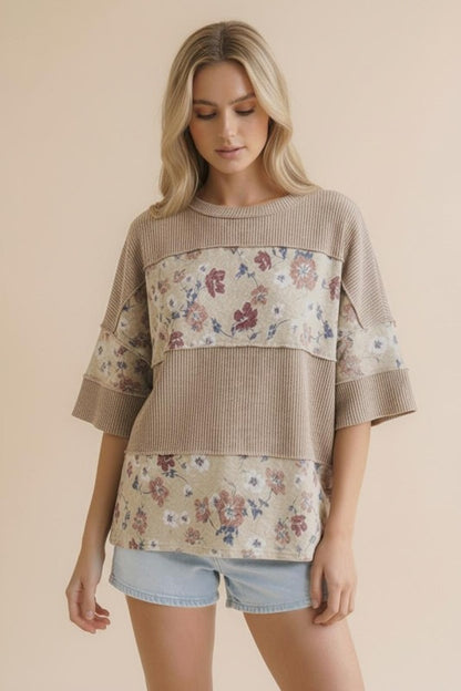 Taupe/Oatmeal Floral Ribbed Top