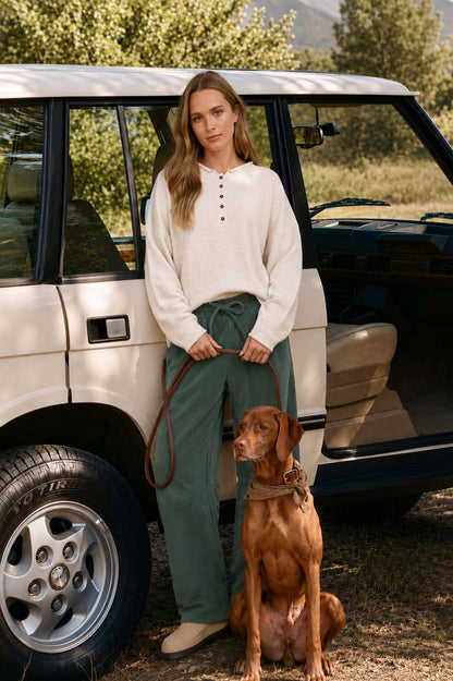 Raw Rolled Edge Henley Relaxed Pullover Sweater