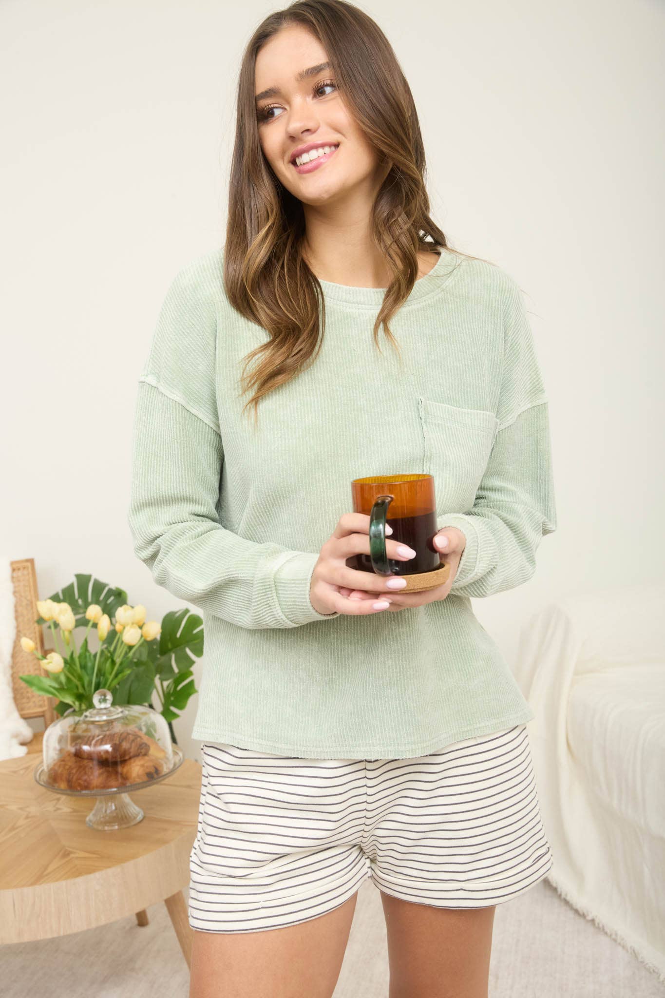 Washed Pocket Detail Long Sleeve Rib Knit Top
