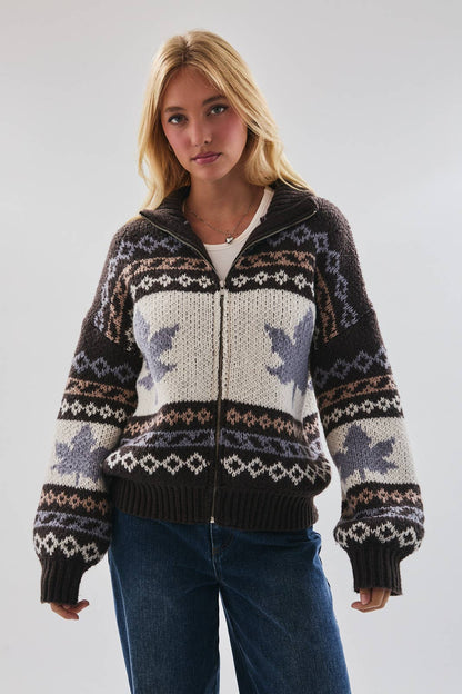 LONG SLEEVE COLLARED LEAVES WITH PATTERN SWEATER JACKET