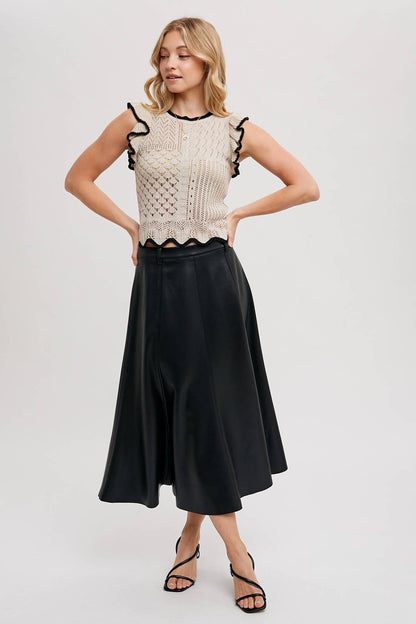 Eyelet Contrast Knit Ruffled Scalloped Top