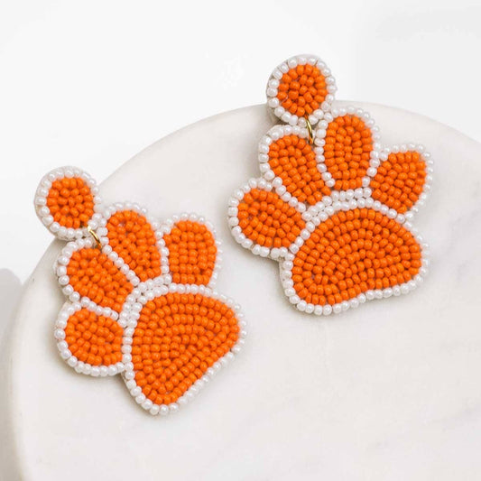 Paw Print Beaded Earrings   Orange/White   2"