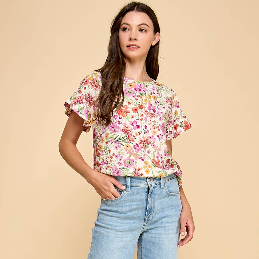 Floral Printed Top with Ruffled Sleeves