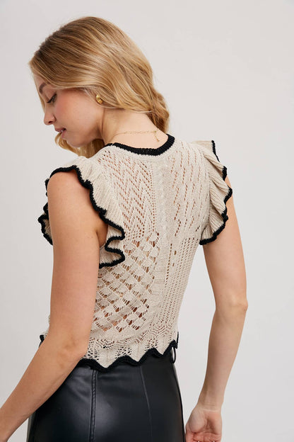 Eyelet Contrast Knit Ruffled Scalloped Top