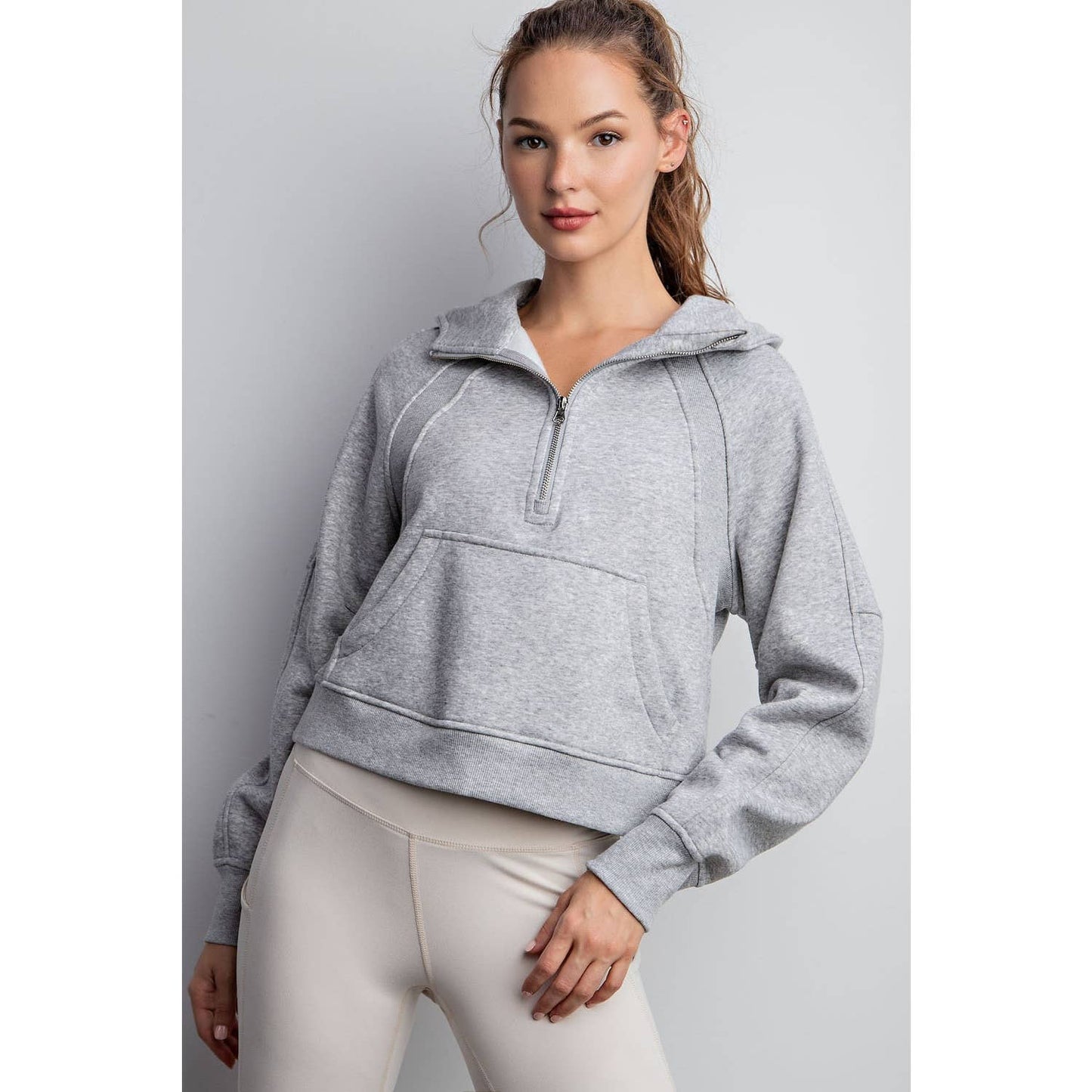 FRENCH TERRY CROPPED QUARTER ZIP HOODIE JACKET