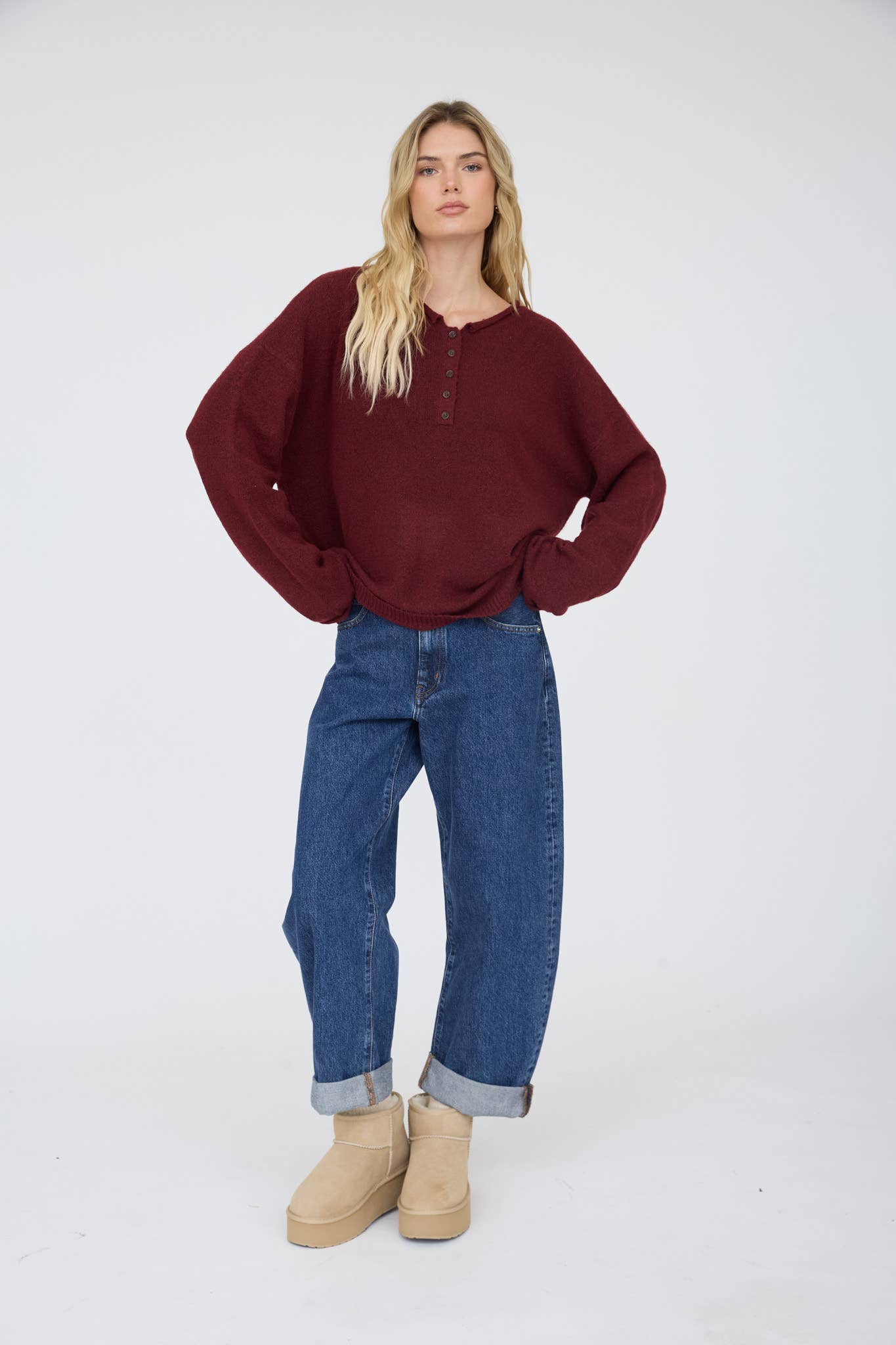 Raw Rolled Edge Henley Relaxed Pullover Sweater