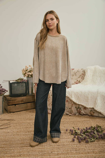 Boxy Textured Long Sleeve Washed Knit Top