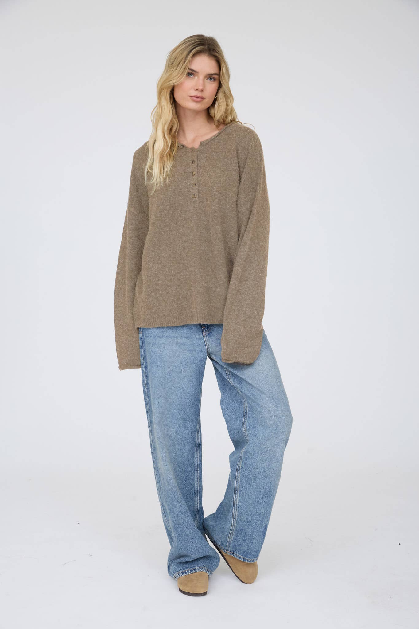 Raw Rolled Edge Henley Relaxed Pullover Sweater