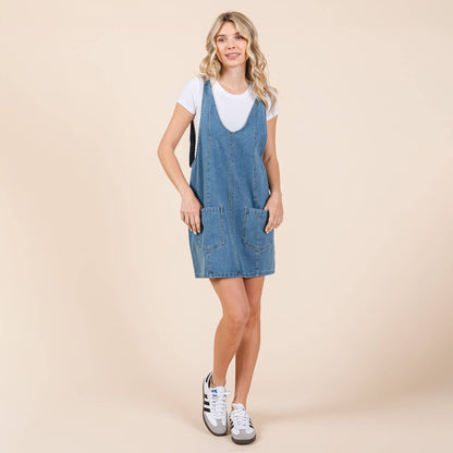 Scoop Neck Denim Short Overall Dress Skirtall