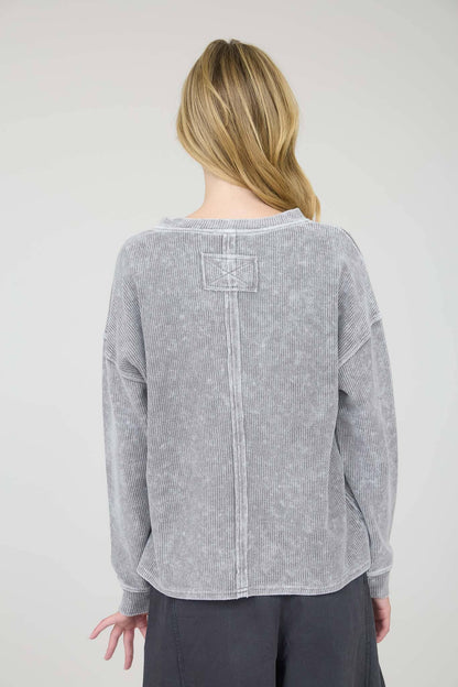 Washed Pocket Detail Long Sleeve Rib Knit Top