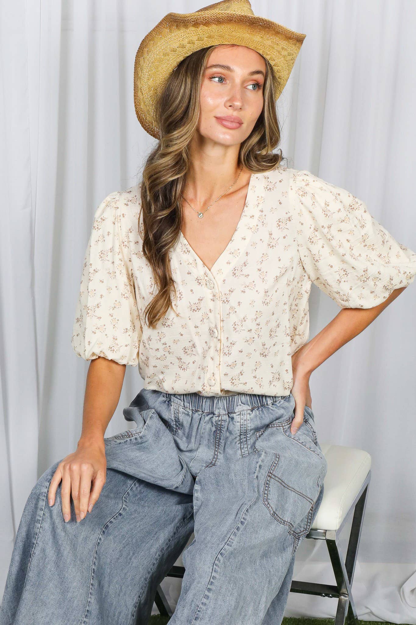 Bubble Sleeves Floral Printed Blouse Top