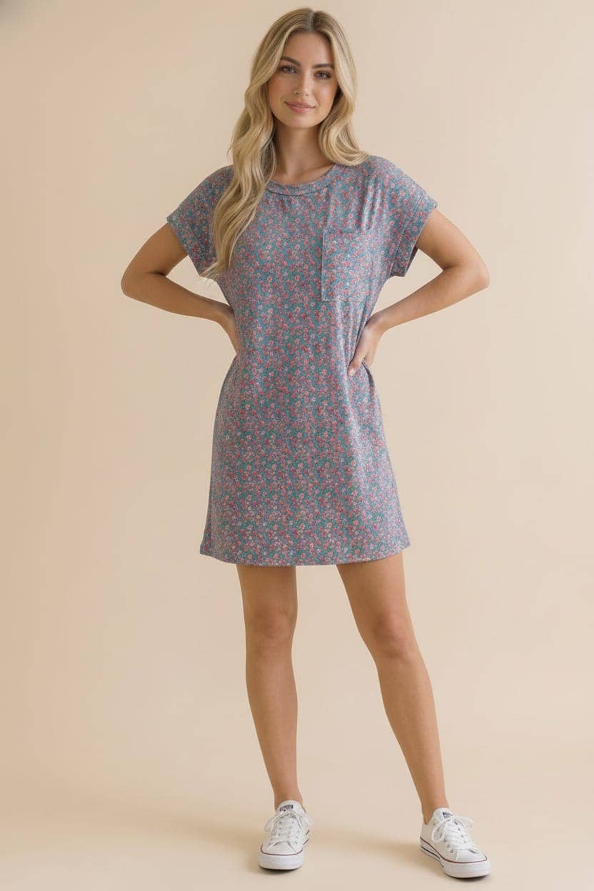 Crew Neck Floral Shift Dress Rib Dress