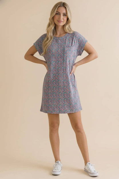 Crew Neck Floral Shift Dress Rib Dress