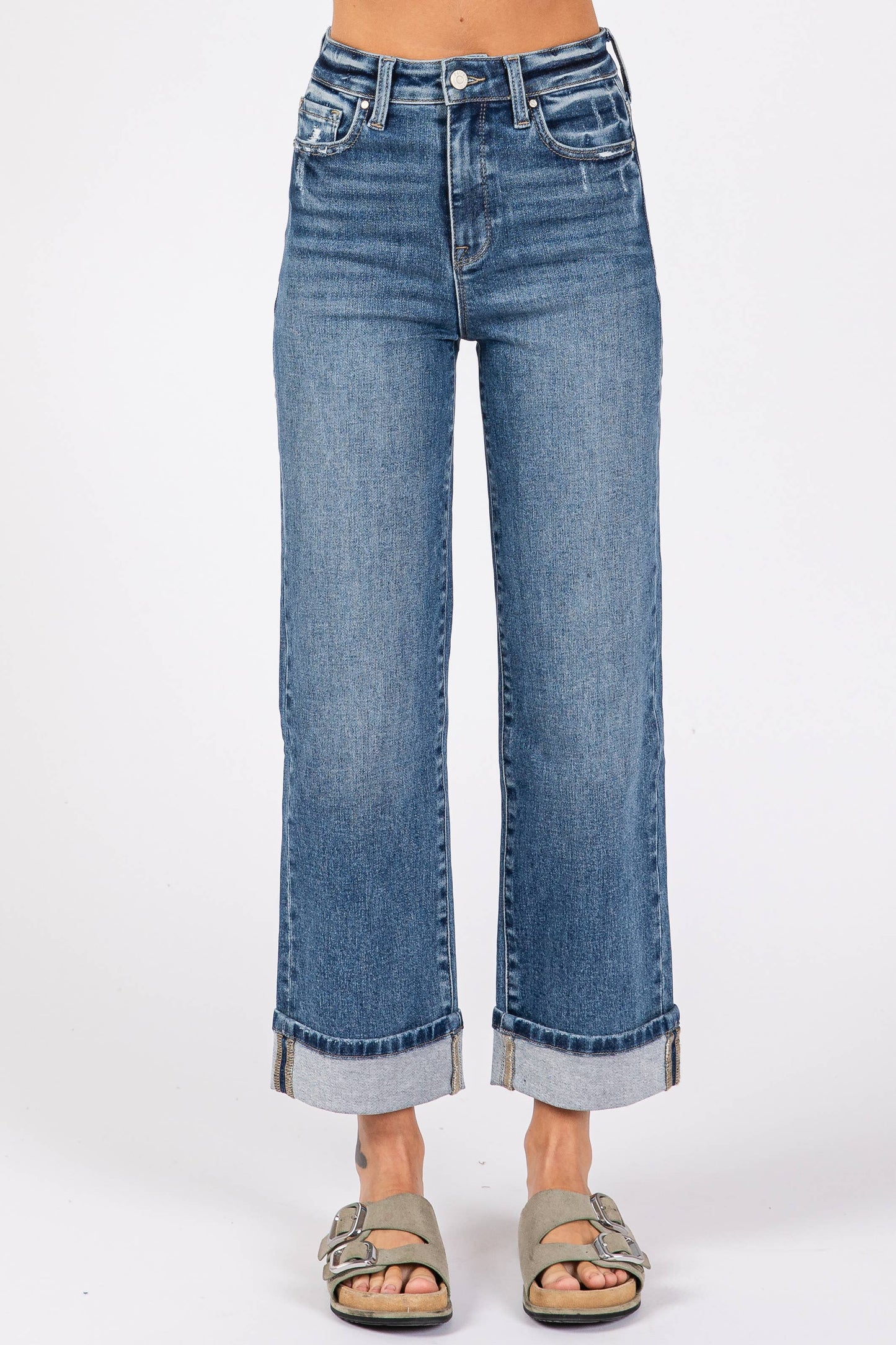 High Rise Stretch Relaxed Straight Jean With Cuffed Hem