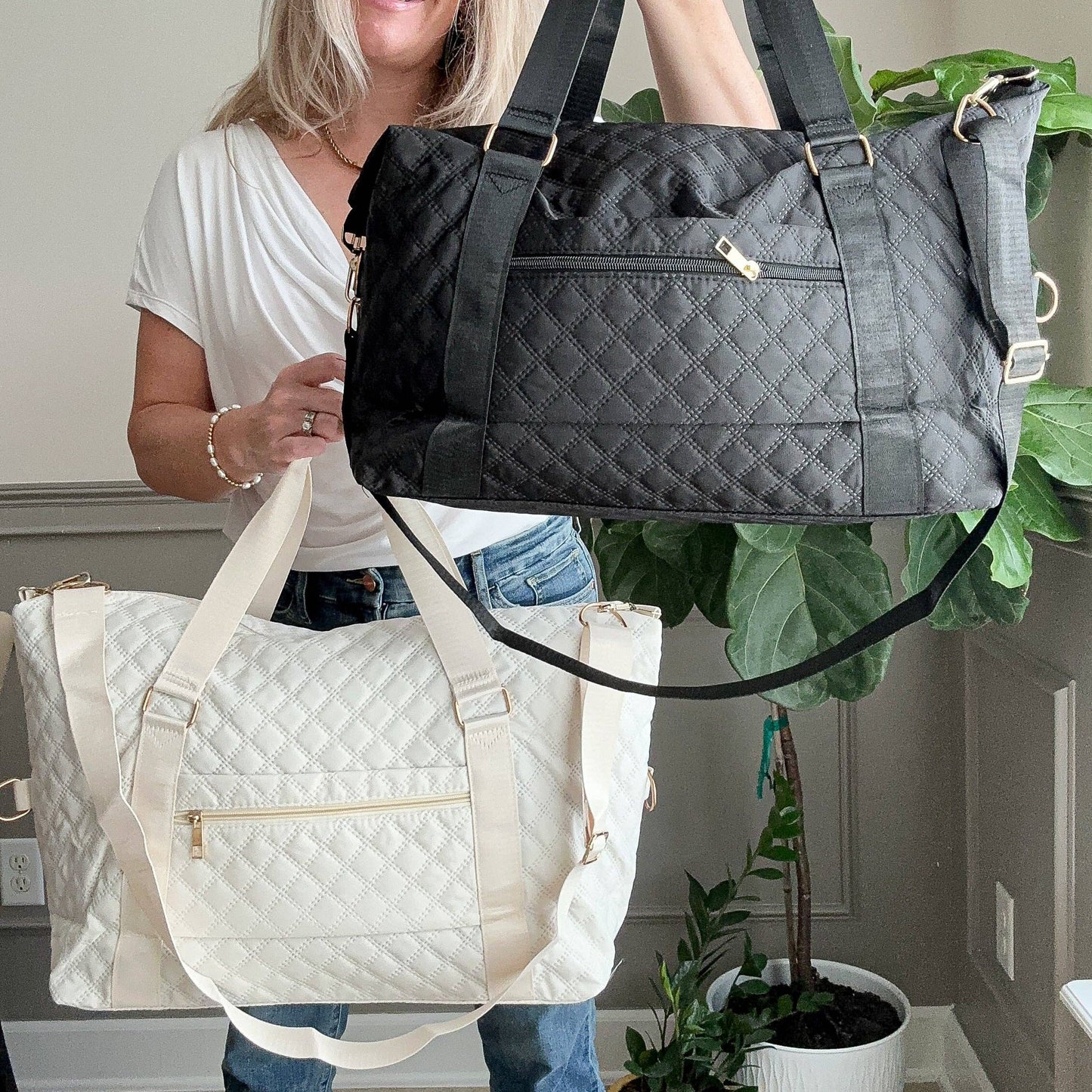 Quilted Overnight Duffle with Trolly Sleeve White