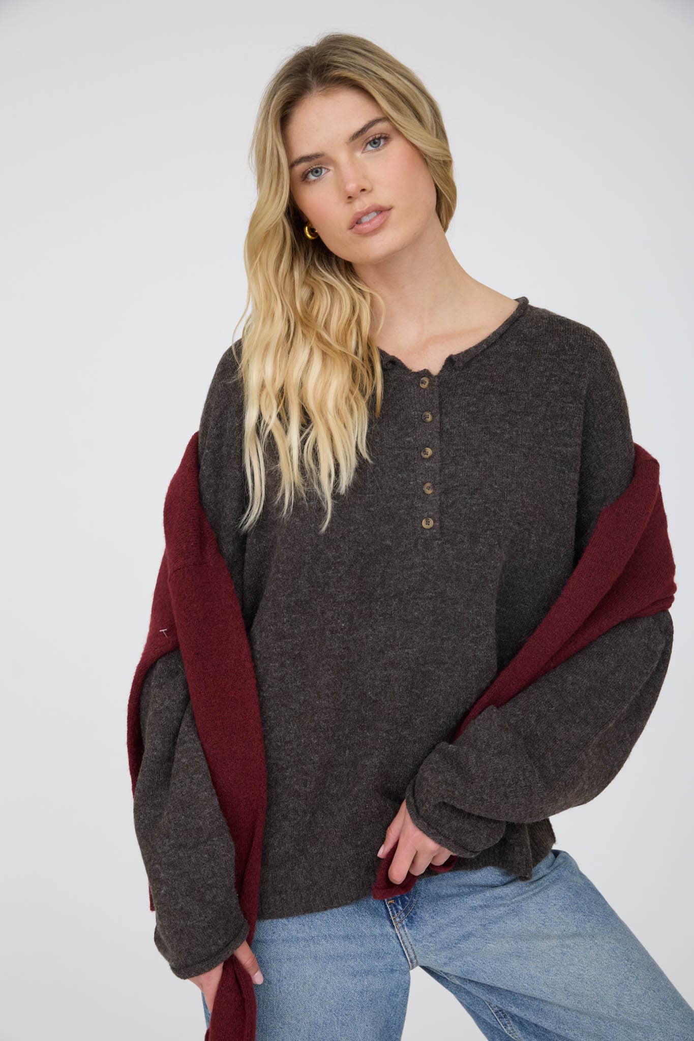Raw Rolled Edge Henley Relaxed Pullover Sweater