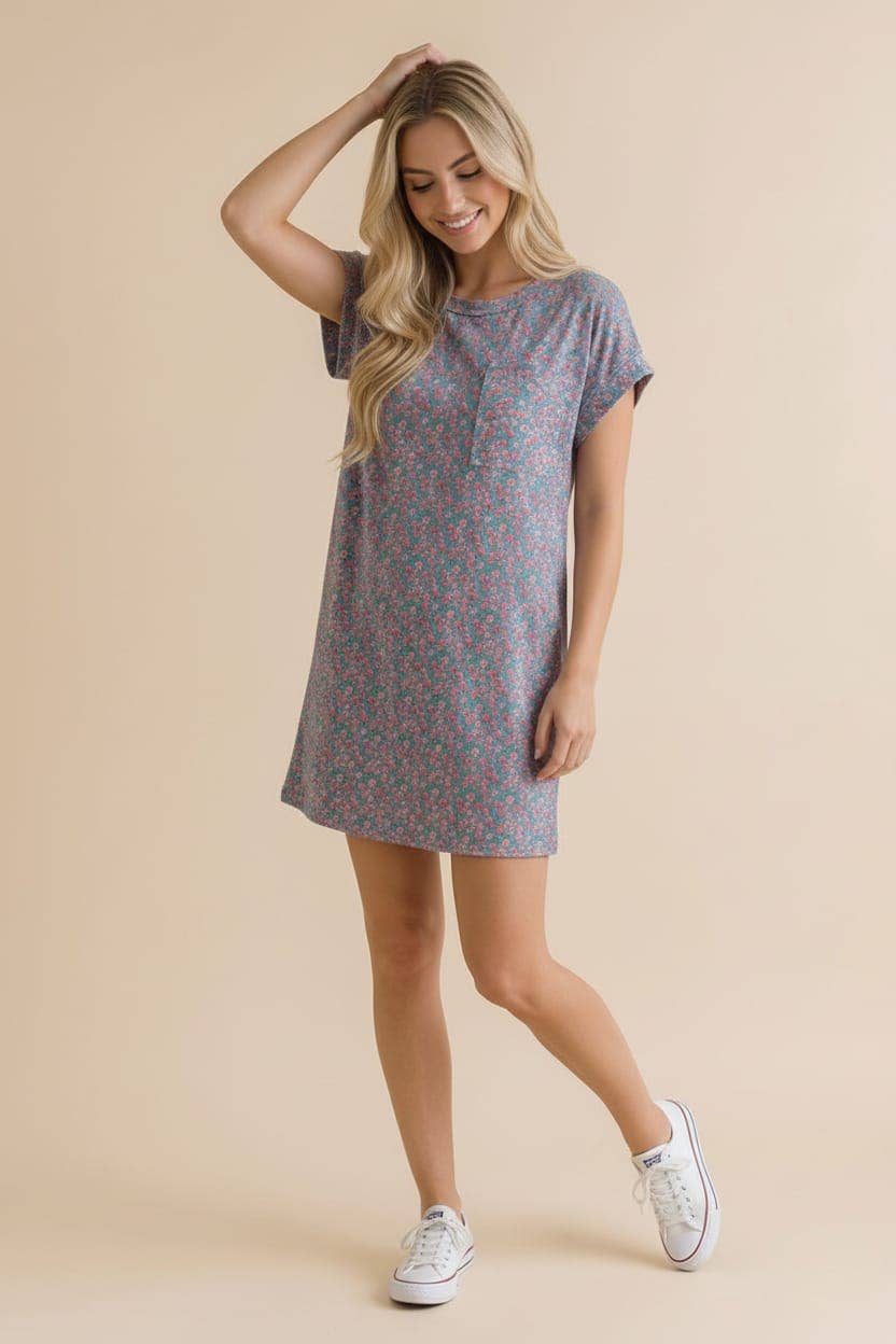 Crew Neck Floral Shift Dress Rib Dress