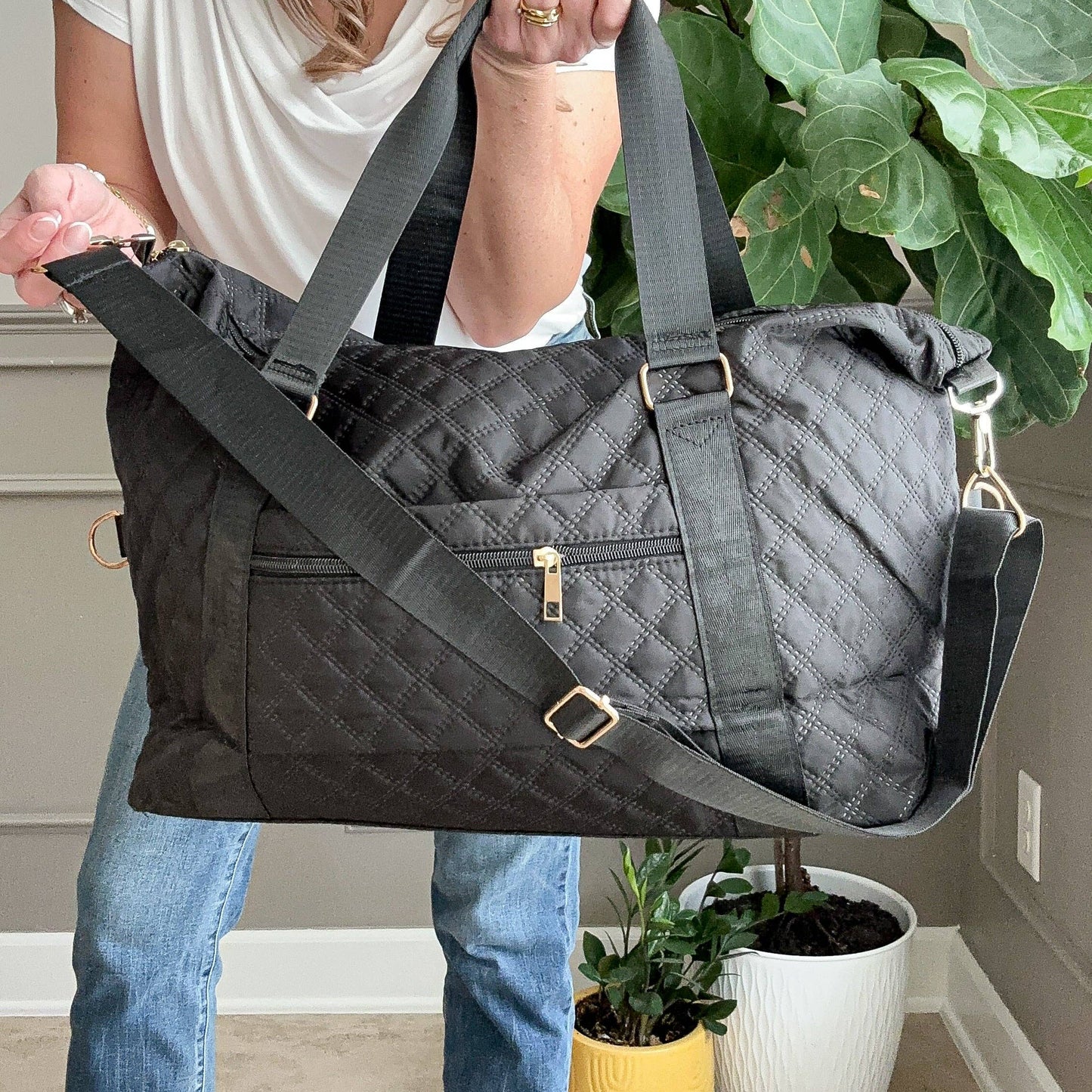 Quilted Overnight Duffle with Trolly Sleeve White