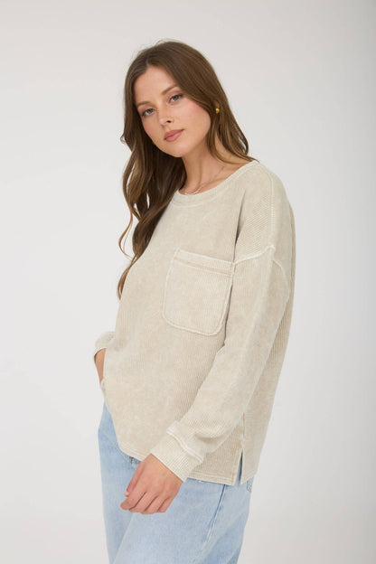Washed Pocket Detail Long Sleeve Rib Knit Top