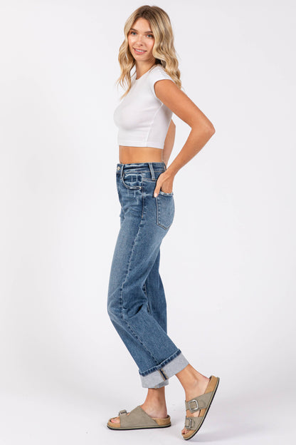 High Rise Stretch Relaxed Straight Jean With Cuffed Hem