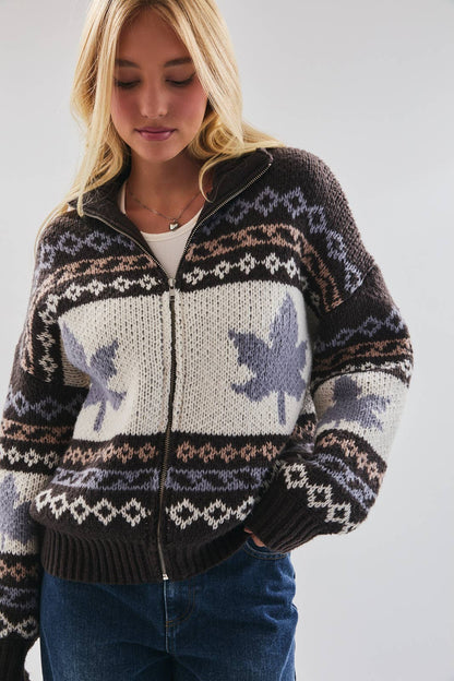 LONG SLEEVE COLLARED LEAVES WITH PATTERN SWEATER JACKET