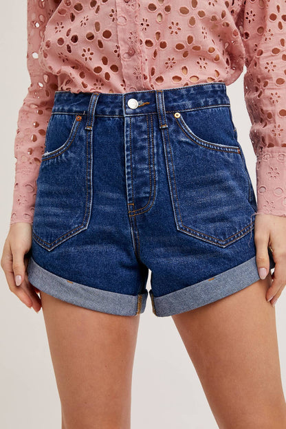 WESTERN POCKET ROLLED HEM DENIM SHORTS