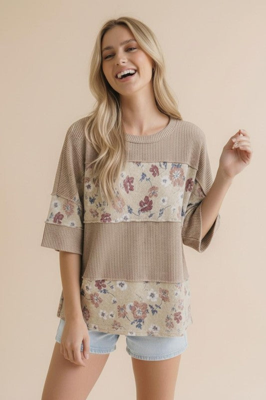Taupe/Oatmeal Floral Ribbed Top