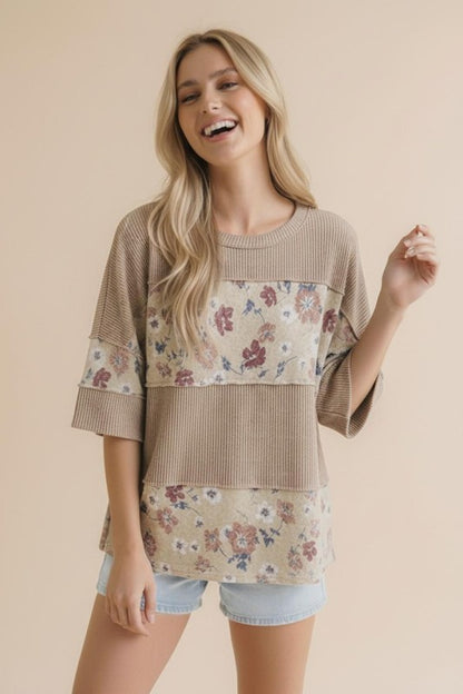 Taupe/Oatmeal Floral Ribbed Top