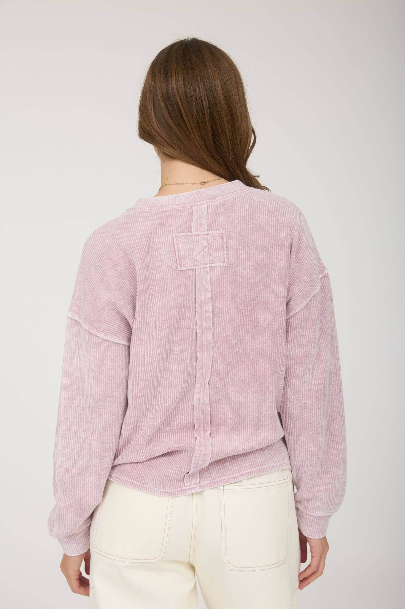 Washed Pocket Detail Long Sleeve Rib Knit Top
