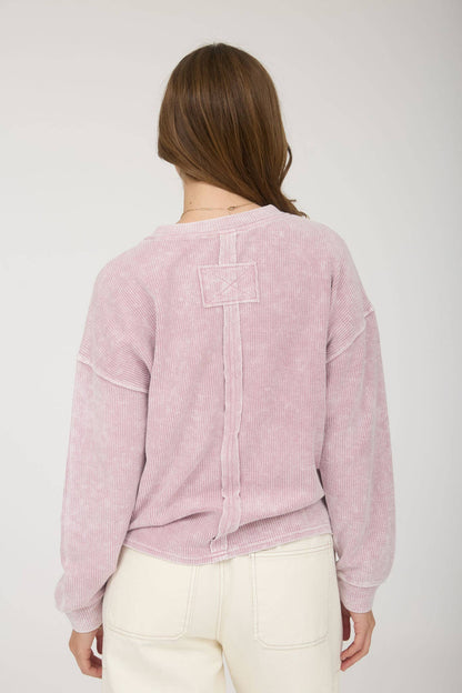 Washed Pocket Detail Long Sleeve Rib Knit Top