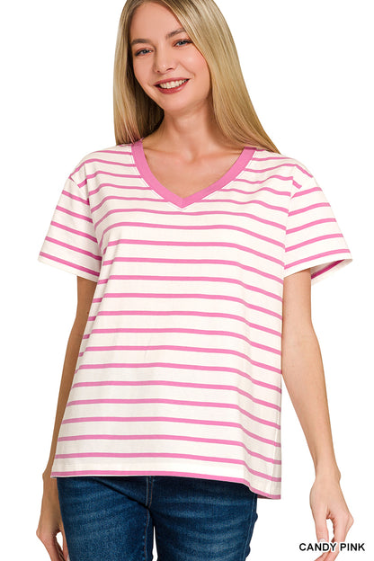 Striped V-Neck Basic Tees