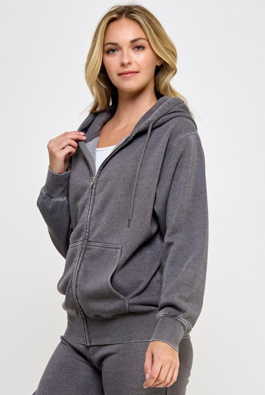 FLEECE BURN OUT BOYFRIEND'S OVERSIZED FIT ZIP UP JACKET