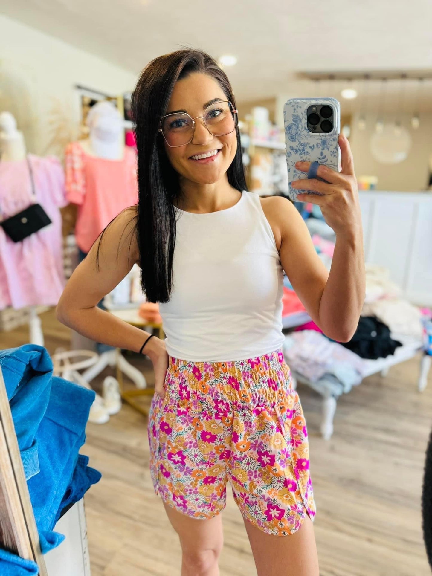 Pink Retro Floral Shirred High Waist Athletic Shorts