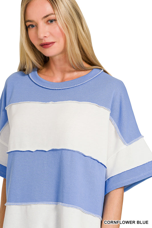 Blue Colorblock Reverse Seam Top