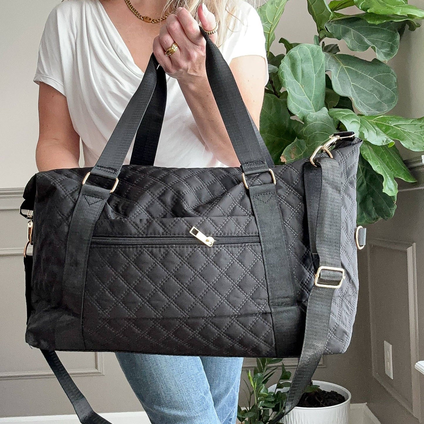 Quilted Overnight Duffle with Trolly Sleeve White
