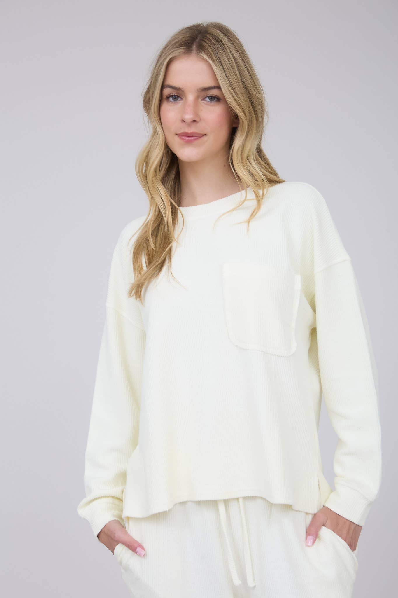 Washed Pocket Detail Long Sleeve Rib Knit Top