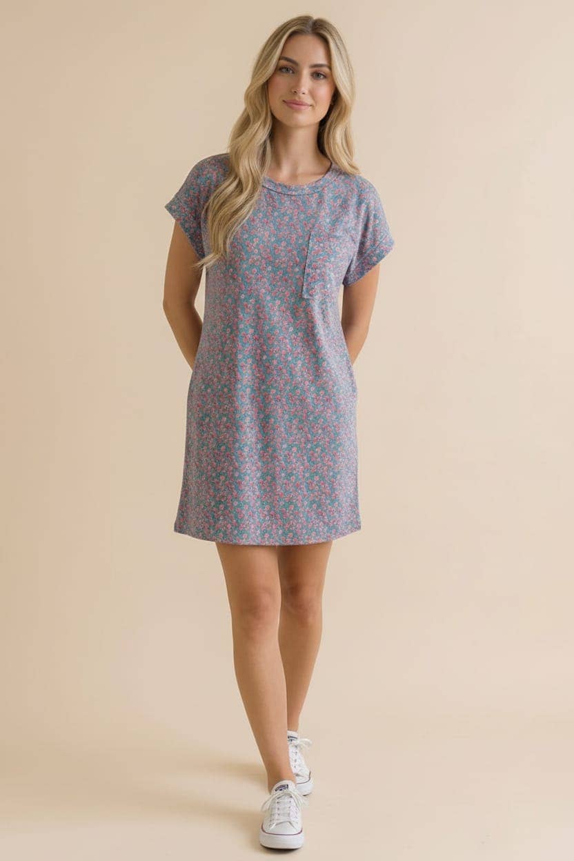 Crew Neck Floral Shift Dress Rib Dress