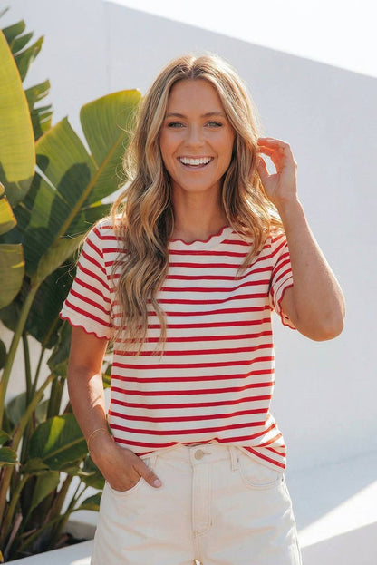 Stripe Scalloped Trim Round Neck T Shirt