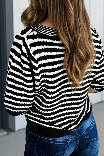 Stripe Knit Contrast Trim Bow V Neck Knot Sweater