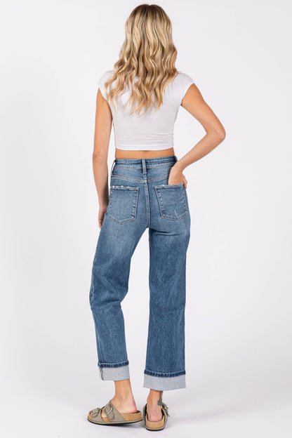 High Rise Stretch Relaxed Straight Jean With Cuffed Hem