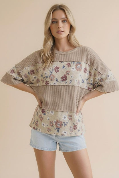 Taupe/Oatmeal Floral Ribbed Top