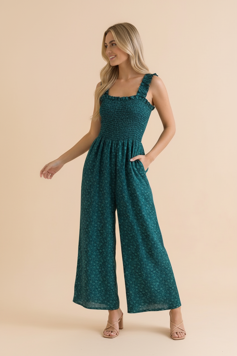 Frill Strap Smocked Floral Wide Leg Jumpsuit
