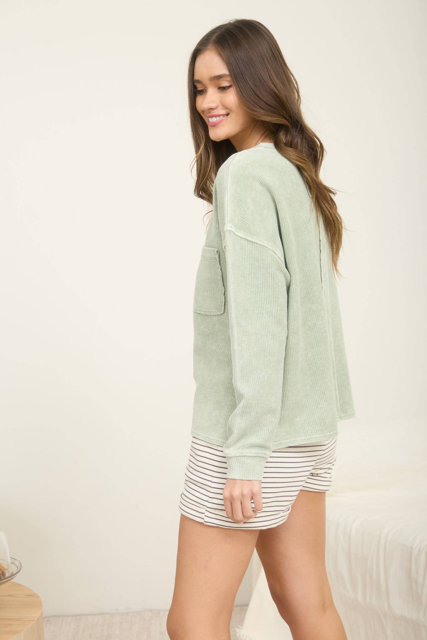 Washed Pocket Detail Long Sleeve Rib Knit Top