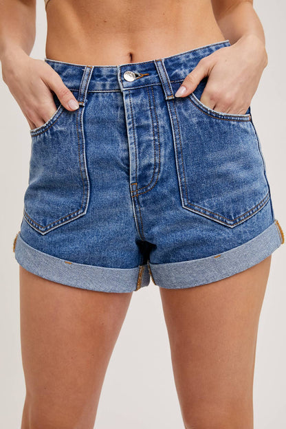 WESTERN POCKET ROLLED HEM DENIM SHORTS