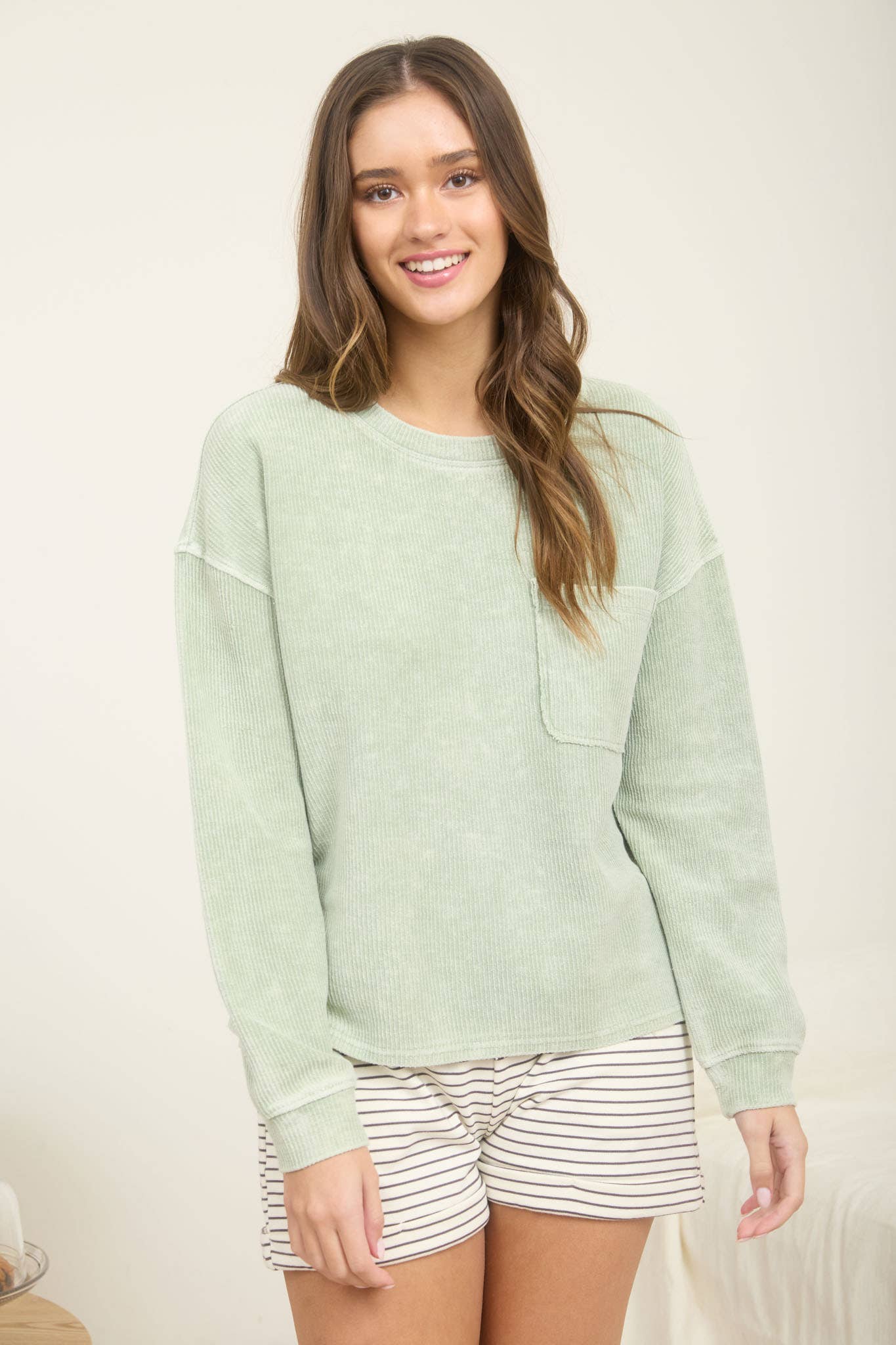 Washed Pocket Detail Long Sleeve Rib Knit Top